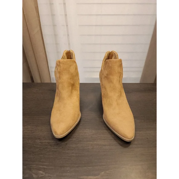 Sun + Stone Modern Microsuede Western Block Heel Booties Boots 7 M Tan BROWN - Picture 6 of 13